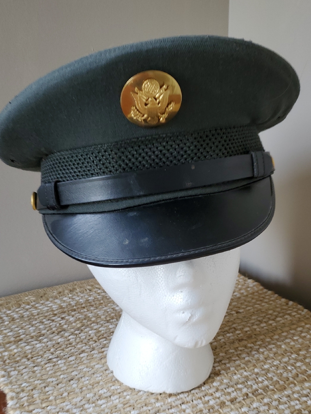 U.S. Army Dark Green Dress Uniform Cap with Visor And Gold Eagle Emblem Vintage